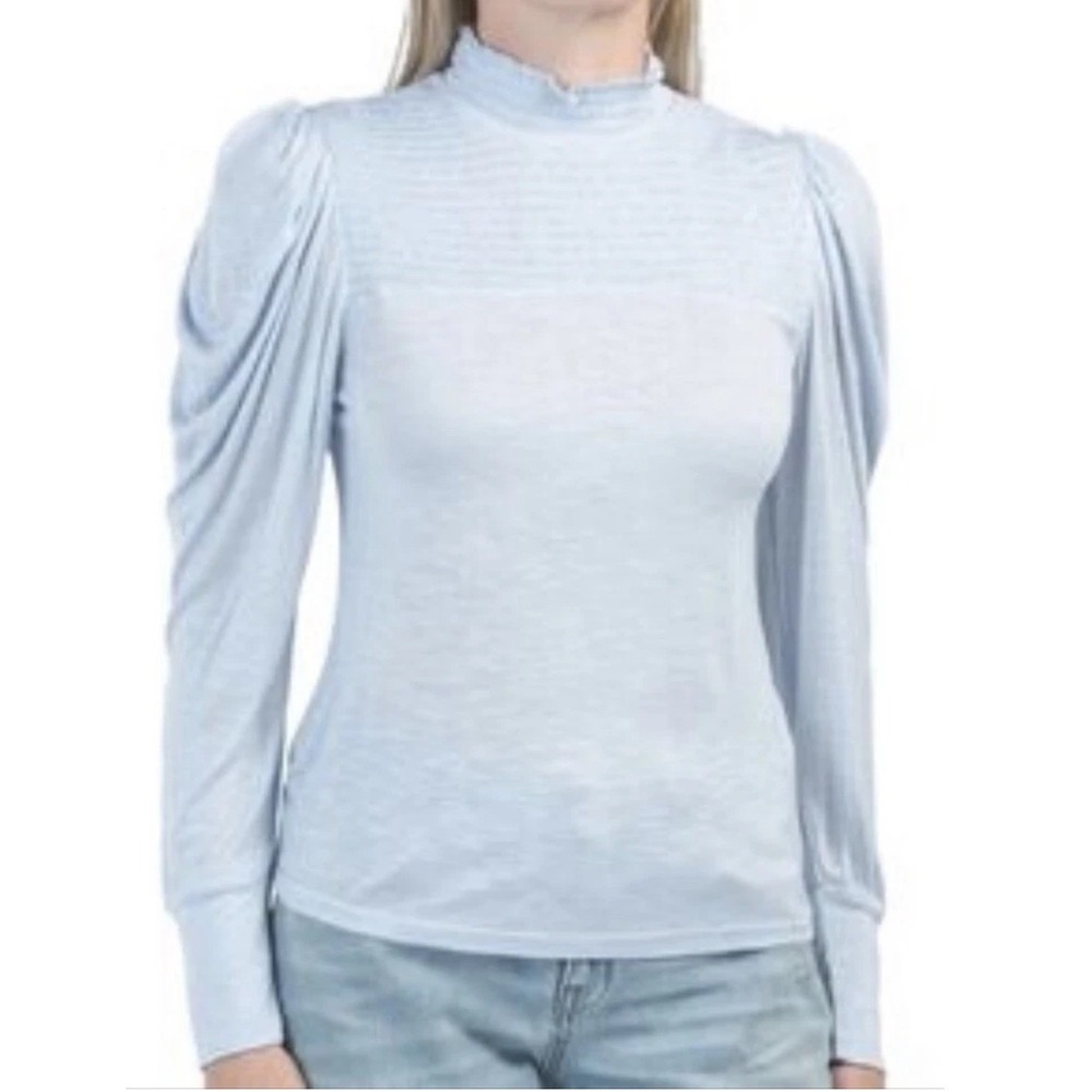 ✨7 For All Mankind Women Top Long Sleeve Ruffle Mock Neck Smocked ‎ L Trendy